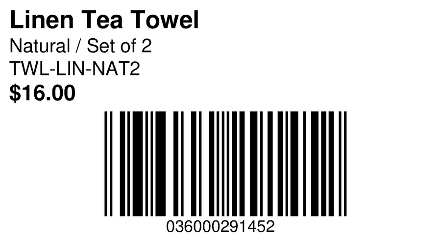 A barcode label printed by the app for a linen tea towel: its title, variant, SKU and price above a UPC-A barcode.